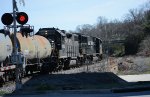 NS yard job E19 starts up the hill on the "Old Main Line".  This was the Southern's sole route through Lynchburg until the cut-off around the city was completed in March 1911.  The Lynchburg side of the Old Main Line is still in use, as seen here. The Amh